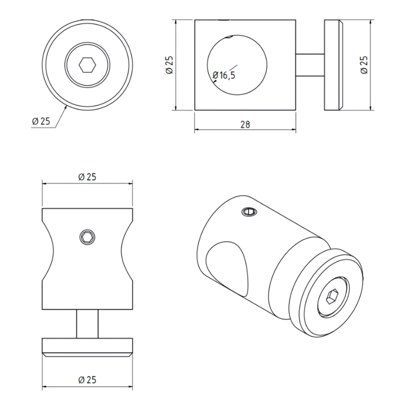 FIVE Railing Gris Inox, Support plexiglass pour tube Ø16 mm