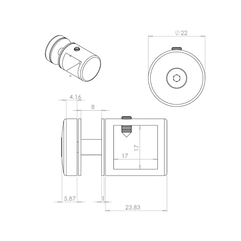 ECO Square, Support adaptateur Verre pour tube 17x17 mm