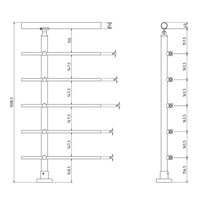 ECO Round Gris Inox, Garde-corps 5 tubes, fixation à plat