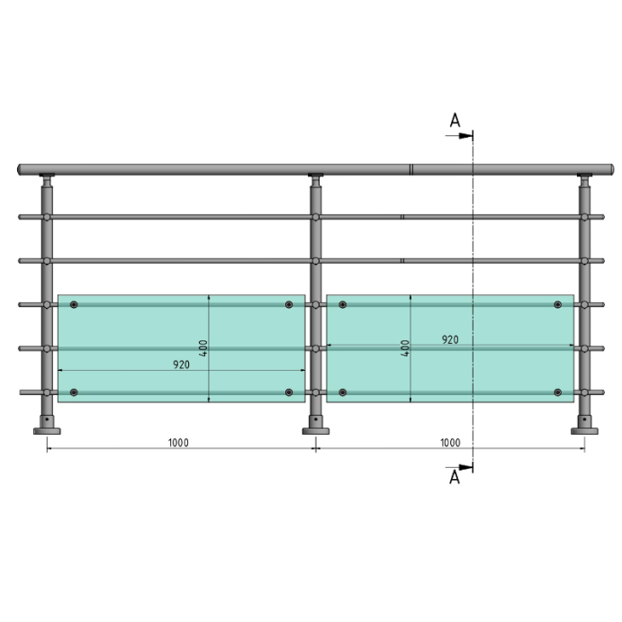 ECO Round Gris Inox, Garde-corps plexi 5 tubes, fixation à plat