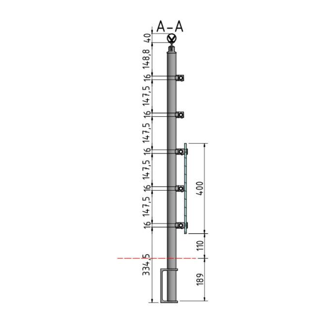FIVE Railing Gris Inox, Garde-corps plexi 5 tubes, fixation latérale
