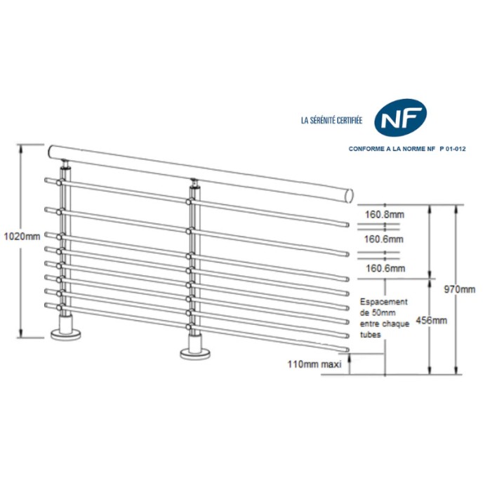 ECO Round Gris Inox, Garde-corps 8 tubes, fixation à plat
