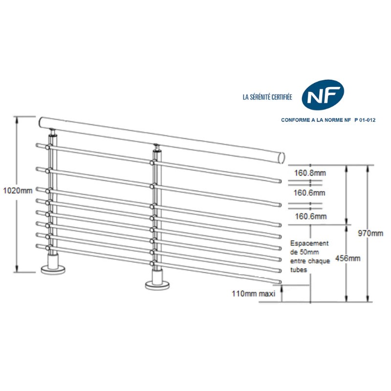 ECO Round Gris Inox, Garde-corps 8 tubes, fixation à plat