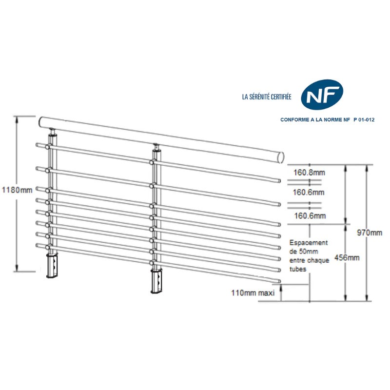 ECO Round Gris Inox, Garde-corps 8 tubes, fixation latérale