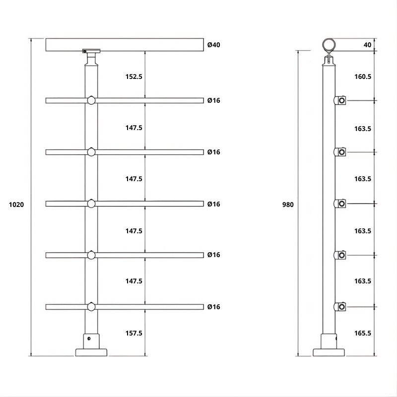 ECO Round Anthracite, Garde-corps 5 tubes, fixation à plat