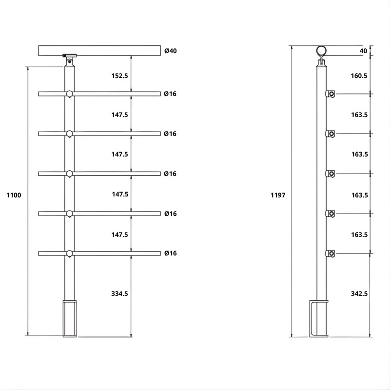 ECO Round Gris Inox, Garde-corps 5 tubes, fixation latérale