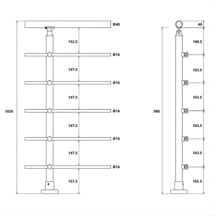 ECO Round Anthracite, Poteau 5 tubes, fixation à plat