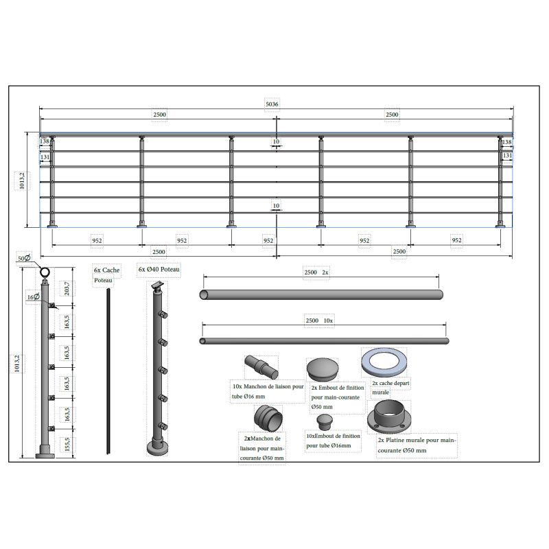 KIT 5 mètres Garde Corps Aluminium Gris Inoc