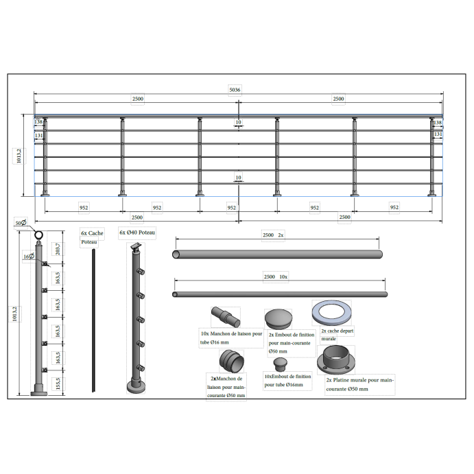 ELEGANT Anthracite, Garde-corps 5 tubes, fixation à plat ( Pack 5 ML )