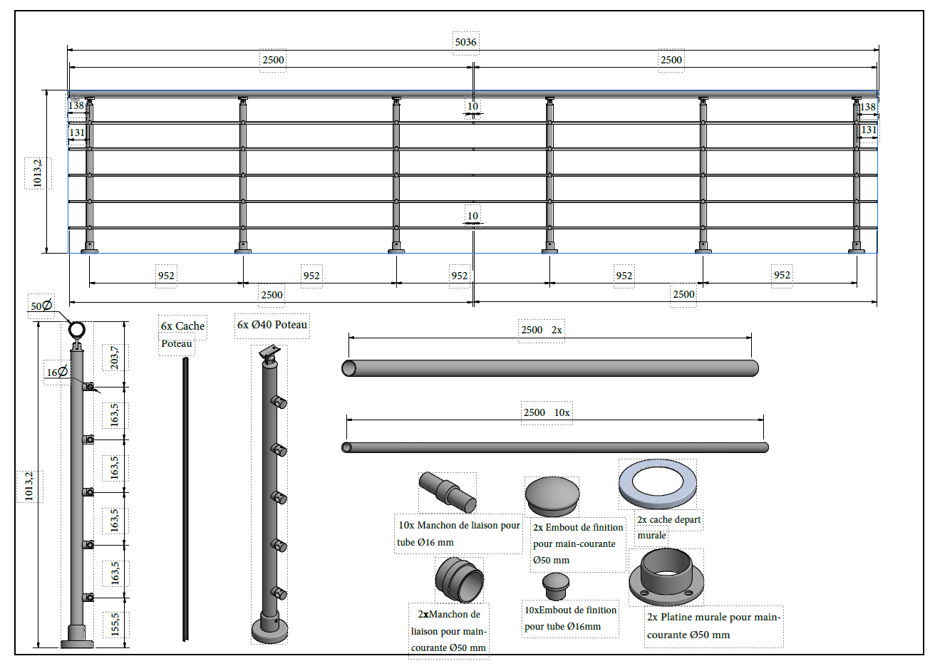 ELEGANT Anthracite, Garde-corps 5 tubes, fixation à plat ( Pack 5 ML )