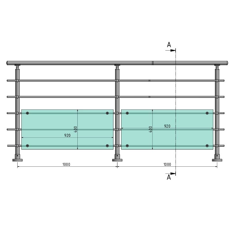 FIVE Railing Gris Inox, Garde-corps plexi 5 tubes, fixation à plat