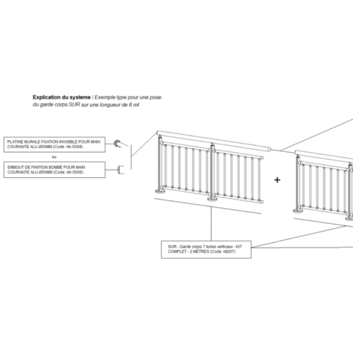 SUR Round, Garde-corps Alu 8 tubes verticaux fixation à plat