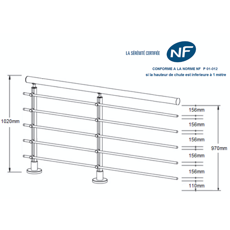 ECO Round, KIT garde-corps Alu 5 tubes fixation à plat