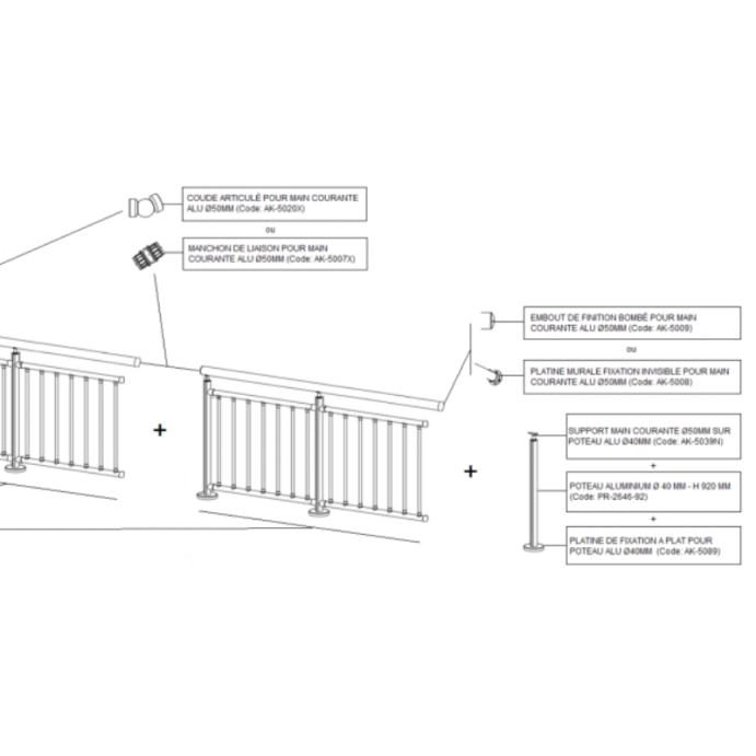 SUR Round, Garde-corps Alu 8 tubes verticaux fixation à plat