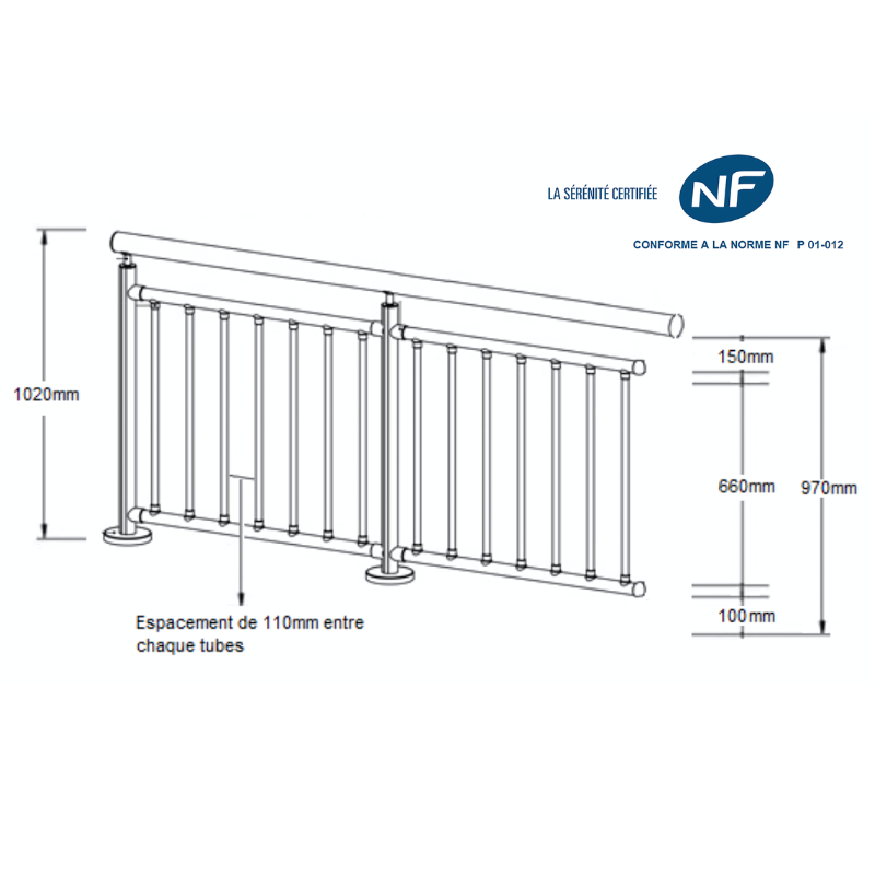 SUR Round, Garde-corps Alu 8 tubes verticaux fixation à plat