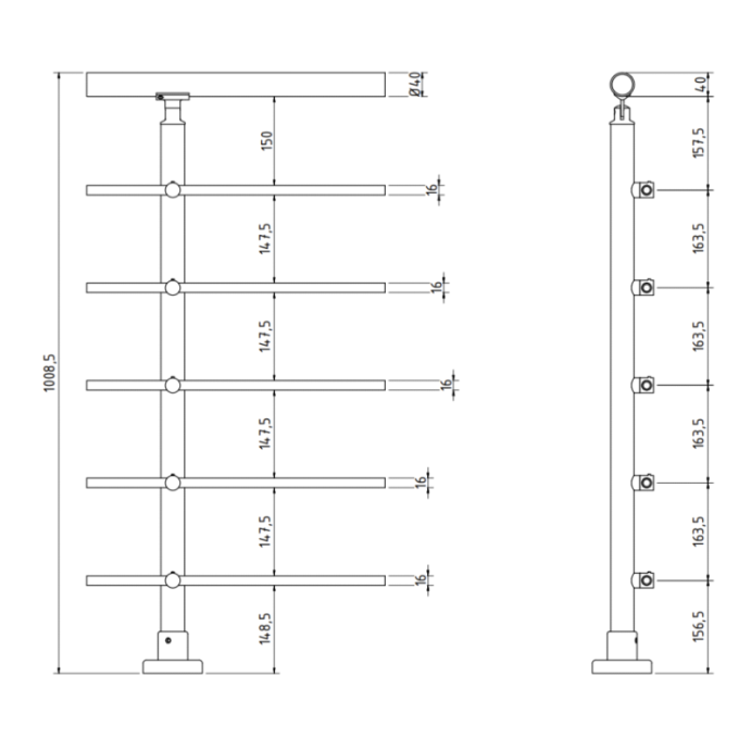 SECO Gris Inox, Poteau prémonté en fixation à plat 